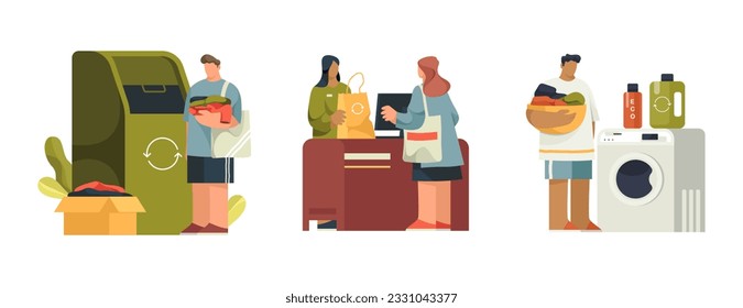 Using of eco products, vector cliparts set. Eco washing, reusable clothes and clothing recycling. Purchasing of eco friendly production, ecological fabrication. Housekeeping with natural detergents.