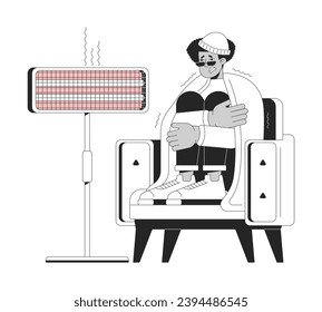 Using electric heater in winter black and white cartoon flat illustration. Shivering man 2D lineart character isolated. Keeping warm in extreme cold weather at home monochrome vector outline image