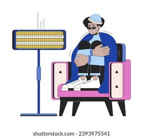 Using electric heater in winter line cartoon flat illustration. Shivering man 2D lineart character isolated on white background. Keeping warm in extreme cold weather at home scene vector color image