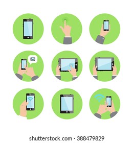 Using electronic devices. Hands touching screen. Tablet pc, smart phone. Communication, business, internet, marketing. Vector illustration. 