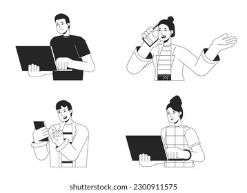 Using electronic gadgets bw vector spot illustration set. People with laptop, phone 2D cartoon flat line monochromatic characters on white for web UI design. Editable isolated outline hero image pack