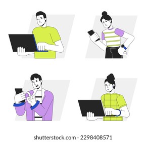 Utilizando gadgets electrónicos de línea plana vectorial conjunto de ilustraciones spot. Personas con laptops, teléfonos móviles dibujos animados 2D dibujan personajes en blanco para diseño de interfaz de usuario web. Paquete de imágenes de héroe coloreado editable aislado