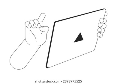 Using electronic tablet cartoon human hands outline illustration. Browsing internet on gadget 2D isolated black and white vector image. Online shopping, scrolling flat monochromatic drawing clip art