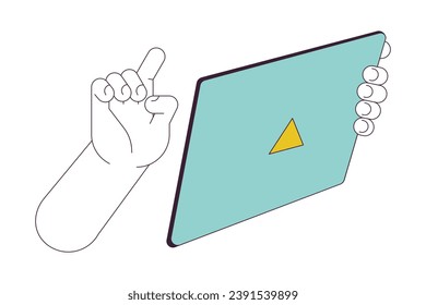 Using electronic tablet linear cartoon character hands illustration. Browsing internet on gadget outline 2D vector image, white background. Online shopping, scrolling editable flat color clipart