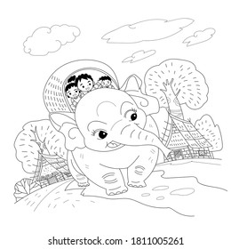 Using elephant as a means of transport in ASEAN.Stock vector hand drawn images for coloring books,kids coloring,animals illustration,background,pattern,animals cartoon coloring,wallpaper,clip art.
