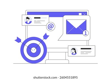 Using email campaigns and newsletters to approach the target market Online business strategy, Advertising, Email newsletter, messaging. Flat Cartoon Vector Illustration, icon. Stylish abstract design 
