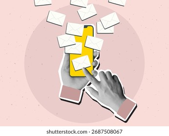 Usando el correo electrónico - las manos sosteniendo un teléfono con sobres volando fuera de la pantalla. Estilo de collage moderno. Ilustración vectorial