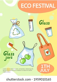 Using environmentally friendly recycling bags, zero waste. Eco festival elements concept poster