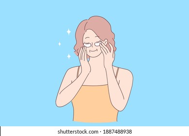 Using eye patches and cosmetics concept. Portrait of smiling retiree woman with closed eyes applying nourishment under eyes for looking fresh in morning vector illustration 