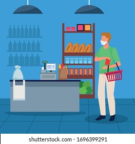 using face masks in supermarket vector illustration design