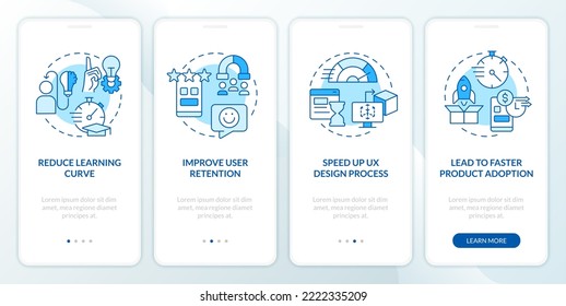 Using familiarity in web design blue onboarding mobile app screen. Walkthrough 4 steps editable graphic instructions with linear concepts. UI, UX, GUI template. Myriad Pro-Bold, Regular fonts used
