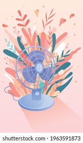 Using Fans in Summer illustration set. hot fan Summer scene. Vector drawing. Hand drawn style.