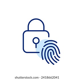 Utilizar el reconocimiento de huellas digitales para desbloquear. Acceso biométrico seguro. Icono de trazo de píxeles perfecto, modificable