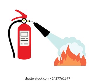 Using a fire extinguisher to extinguish a fire isolated on white background. Vector illustration