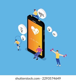 using fitness and health tracking mobile app 3d isometric vector illustration concept for banner, website, landing page, ads, flyer template