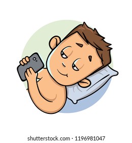 Using gadgets before sleep. Surfing internet in bed. Colorful flat vector illustration. Isolated on white background.