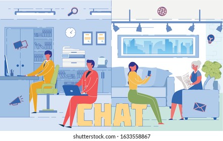 Using Gadgets for Chatting Word Concept Banner. Modern Communication Idea. Teenager Messaging via Smartphone Cartoon Character. Businesspeople, Office Workers Corporate Chat System Poster