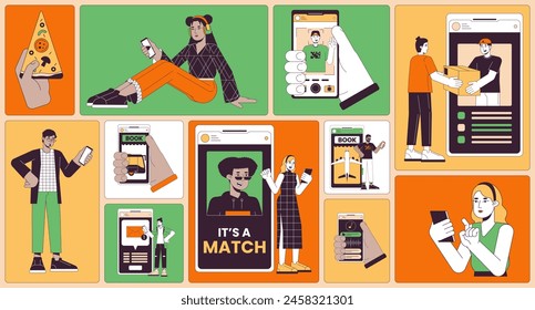 Using gadgets in daily life bento grid illustration set. Booking ticket, order delivery, dating app 2D vector image collage design graphics collection. Diverse users flat characters moodboard layout