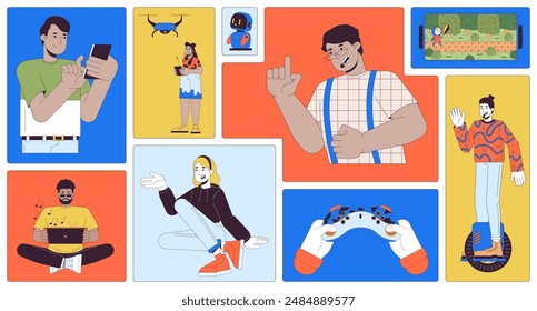 Using gadgets modern people bento grid illustration set. Devices typing, drone operating 2D vector image collage design graphics collection. Multiracial young adults flat characters moodboard layout