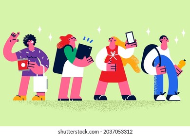 Using gadgets and technology concept. Group of young positive people standing holding various electronic device in hands showing to camera vector illustration 