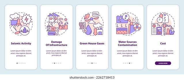 Using geothermal energy disadvantages onboarding mobile app screen. Walkthrough 5 steps editable graphic instructions with linear concepts. UI, UX, GUI template. Myriad Pro-Bold, Regular fonts used