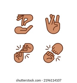 Using gestures for communication pixel perfect RGB color icons set. Interaction and expression. Hands position. Isolated vector illustrations. Simple filled line drawings collection. Editable stroke