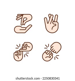 Using gestures for communication pixel perfect RGB color icons set. Interaction and expression. Hands position. Isolated vector illustrations. Simple filled line drawings collection. Editable stroke