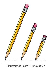 Using graphite pencils with eraser set. Stationery hand drawn vector doodle drawing. Illustration isolated over white.