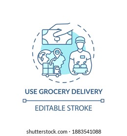 Using Grocery Delivery Concept Icon. Shopping Tip Idea Thin Line Illustration. Sending Personal Shopper. Meal-kit Delivery Services. Vector Isolated Outline RGB Color Drawing. Editable Stroke