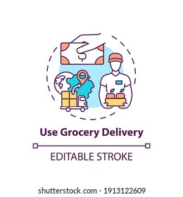 Using Grocery Delivery Concept Icon. Shopping Tip Idea Thin Line Illustration. Sending Personal Shopper. Ordering Groceries Online. Vector Isolated Outline RGB Color Drawing. Editable Stroke