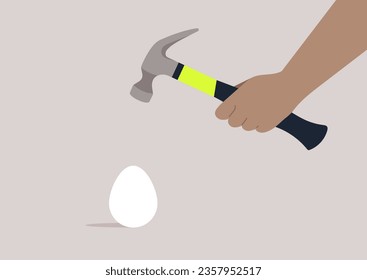 Using a hammer to crack an egg as a humorous and exaggerated way to illustrate the concept of overkill or excessive force in solving a simple problem