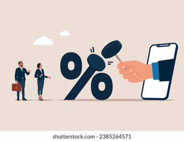 Using hammer to nailed percentage sign to the floor. Federal Reserve low interest rate. Flat vector illustration