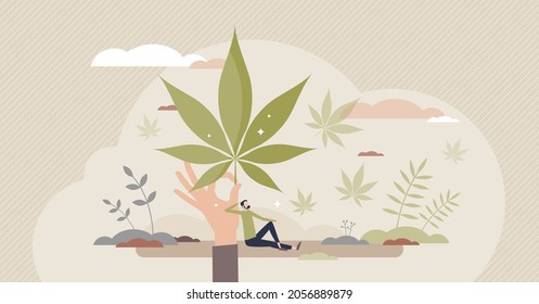 Die Verwendung von Hanf als pflanzliche Behandlung für die psychische oder physische Gesundheit winzige Person Konzept. Medical Marihuana als alternative Medizin für das menschliche Wohlbefinden und psychologische Gleichgewicht. Unkrautwirtschaft
