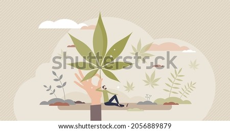 Using hemp as herbal treatment for mental or physical health tiny person concept. Medical marijuana as alternative medicine for human wellbeing and psychological balance. Legal weed commerce industry.
