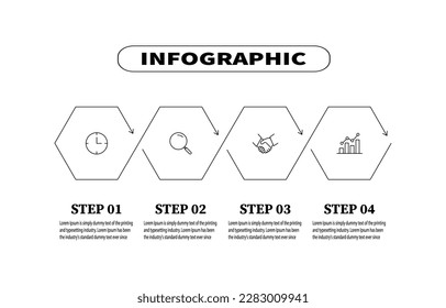 Using a hexagon shape as a design element four step infographic template was created to present a business concept. The vector template outlines four essential elements for web banners and diagrams.