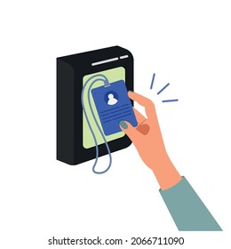 Using ID card to scanning at the access control system, hand holding card identity verification to open the door.