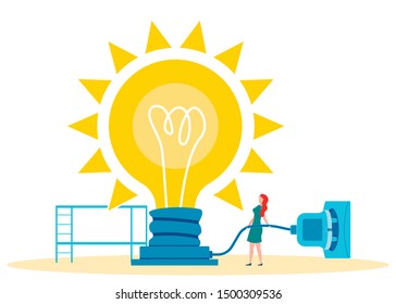 Using Imagination Metaphor Vector Illustration. Cartoon Woman Plugging Glowing Lightbulb into Socket Flat Character. Creative, Unconventional Thinking Concept. Launching Innovative Project Symbol