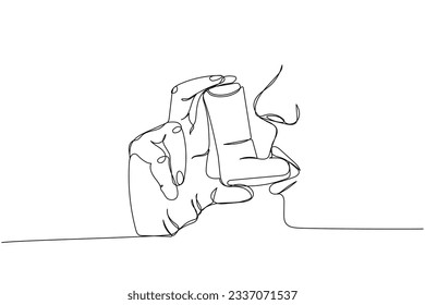 Using inhalers to treat asthma, asthmatics, salbutamol, Asthma inhaler, medical supplies, equipment one line art. Continuous line drawing medication, disposable, tool, inhalation, lung treatment