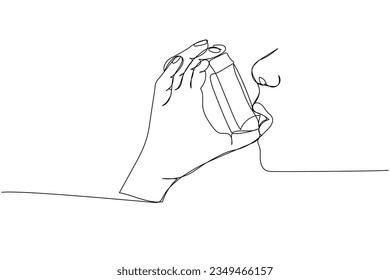 Using inhalers to treat asthma, asthmatics, salbutamol, Asthma inhaler, medical supplies, equipment one line art. Continuous line drawing medication, disposable, tool, inhalation, lung treatment