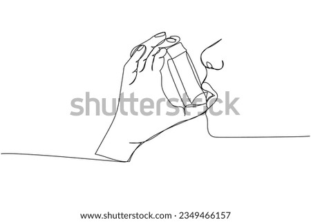 Using inhalers to treat asthma, asthmatics, salbutamol, Asthma inhaler, medical supplies, equipment one line art. Continuous line drawing medication, disposable, tool, inhalation, lung treatment