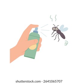 Using an insect repellent spray to kill a mosquito. Concept of pest control, summer protection, and insect prevention. Vector illustration of mosquito repellents, bug sprays, and health care.