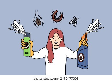 Usando insecticida en aerosol para controlar las plagas, mujer sosteniendo dos botellas de veneno de insectos con una sonrisa. Insecticidas contra insectos y plagas que destruyen las plantas en el jardín o perjudican el crecimiento de los cultivos