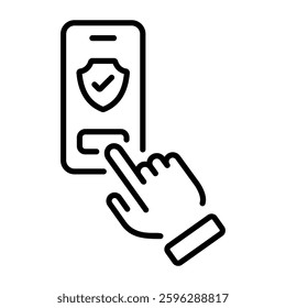 Using insurance app on mobile device, line style icon 