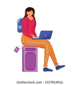 Using laptop during traveling flat vector illustration. Booking hotel online. Working as freelancer while going abroad. Voyage preparation isolated cartoon character on white background