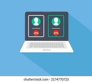 Using laptop video call conference, laptop, streaming tv series, talking to friends logo design. Technology, video call people concept vector design and illustration.
