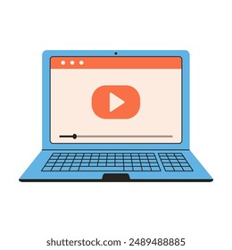 Using laptop for watching video. Online learning, online webinar, online education, meeting, online courses. Vector illustration in flat style