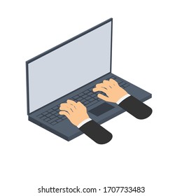 Using a laptop. Working. Isometry, hand on the keyboard