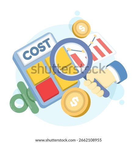Using a magnifying glass to analyze a cost graph with a calculator. Cost management or expense analysis. Cost structure, calculating the balance between expenses and income.