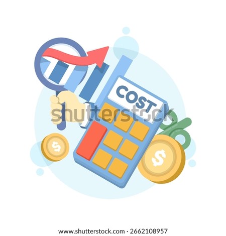 Using a magnifying glass to analyze a cost graph with a calculator. Cost management or expense analysis. Cost structure, calculating the balance between expenses and income.