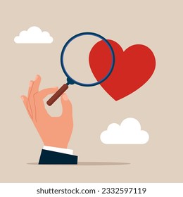 Using magnifying glass to analyze shape of heart. Love, instinct and romance concept. Flat vector illustration.